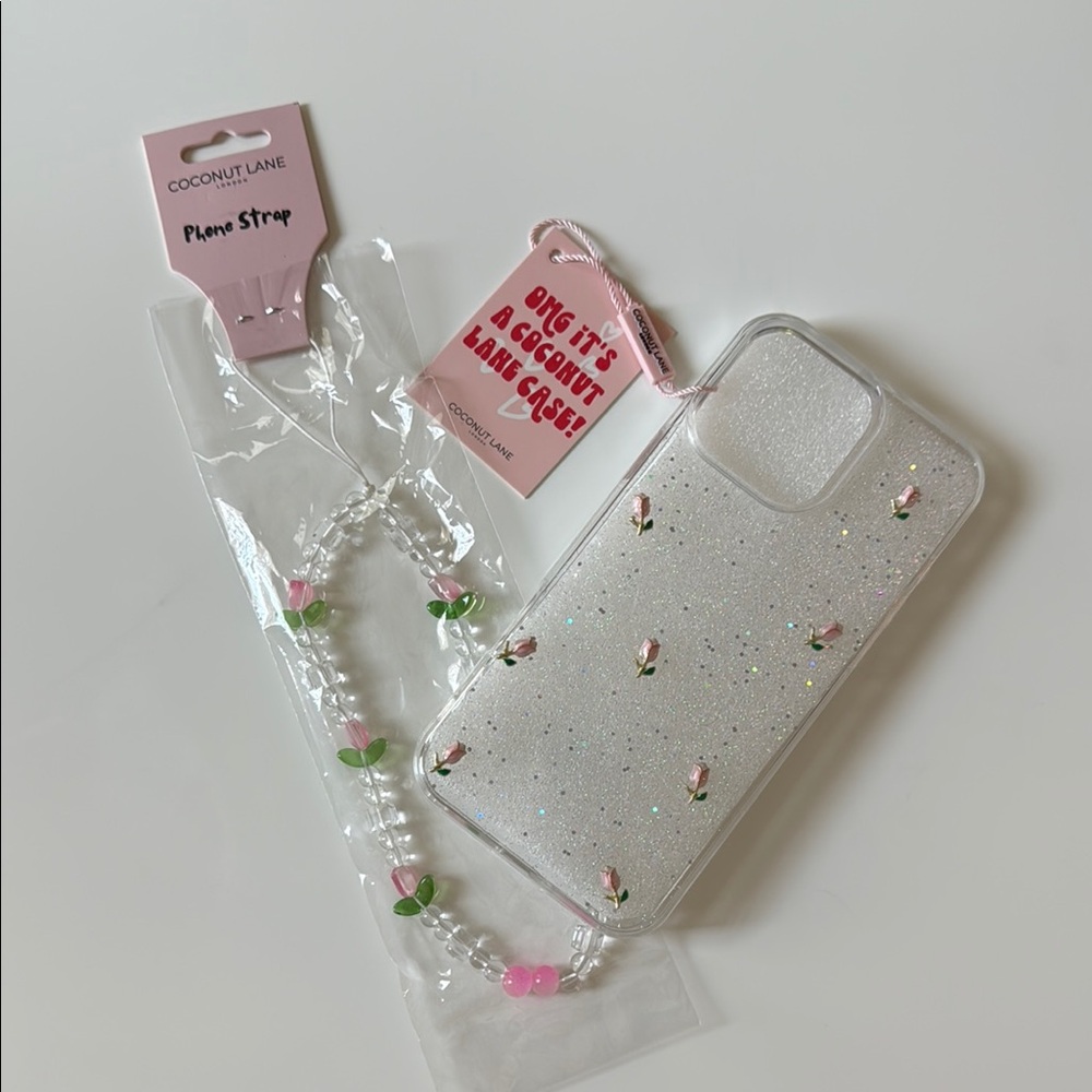 NWT iPhone 16 Pro Max Coconut Lane Cute Tulips Case and Beaded Strap